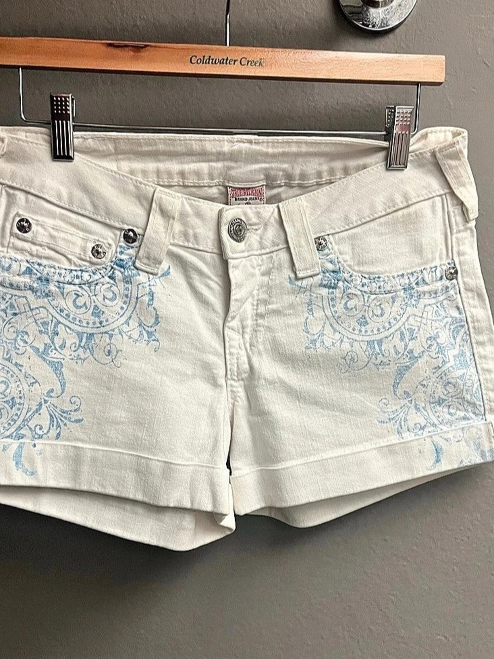 True Religion Joey Paisley Denim Shorts in White Size 28